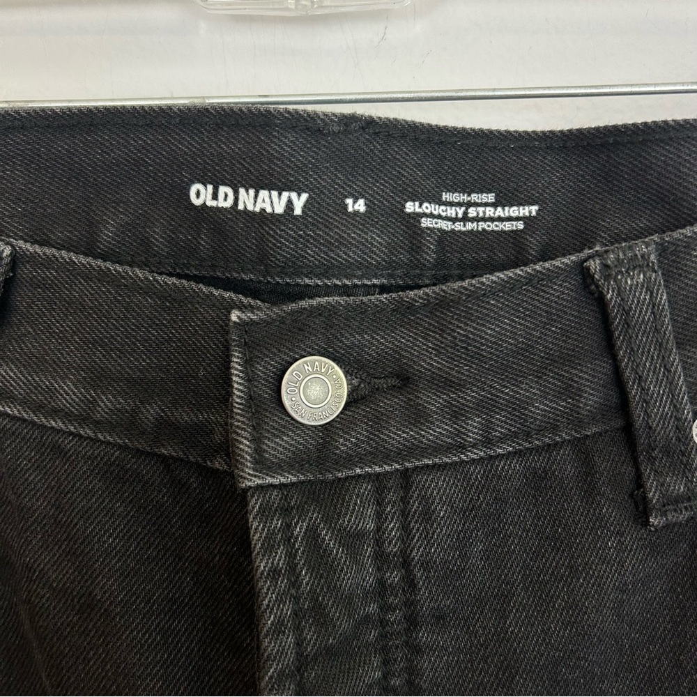 NWT Old Navy Black High Rise Slouchy Straight Distressed Black Denim Jeans Sz 14 - Picture 6 of 11